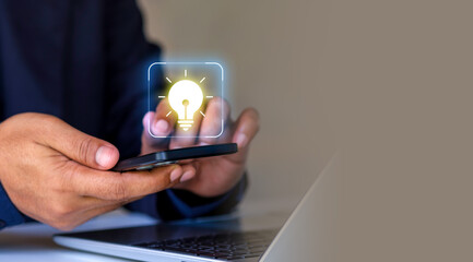 Innovative Business Idea Concept. Creative business ideas. Technology glowing light bulb icon....