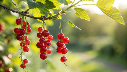 Red Currants on tree branch in garden, Currants tree in natural warm sunlight background