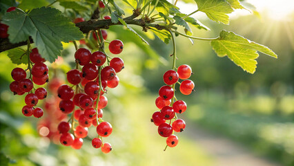 Red Currant on tree in garden, Currant hanging on tree in natural warm sunlight background 