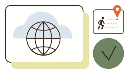 Globe in front of a cloud, location pin with a person navigating, and a checkmark in a circle. Ideal for cloud storage, global connectivity, travel, navigation, approval, planning data sharing