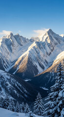 Panoramic Winter Landscape with Snow capped Peaks and Forest Valleys