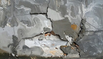 Close-up of a damaged wall, showing extensive cracks and peeling paint over a concrete-like surface. The color palette is primarily grey and white