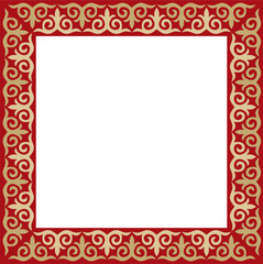 Vector gold with red square Kazakh national ornament. Ethnic pattern of the peoples of the Great Steppe,