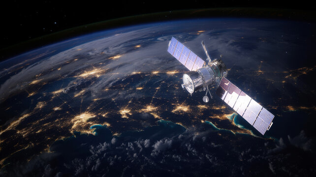 Satellite in orbit above earth at night satellite