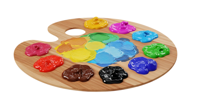 Wooden artist palette with colorful paint blobs and smears, isolated on white or transparent background. PNG