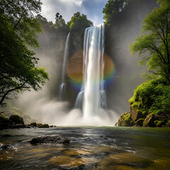 Majestic Waterfall with Vibrant Rainbow in Lush Green Forest