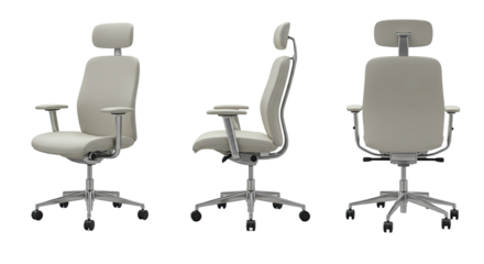 Modern ergonomic office chair in gray shown from front, side, and back views, perfect for workplace or home office furniture catalogs