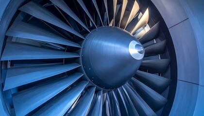 Close-up of a large aircraft engine with many curved fan blades radiating from a central hub. Metallic, cool tones