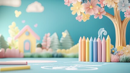 Colorful pencils and dreamy garden background