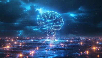 Futuristic Neural Network Concept with Glowing Brain and Lights