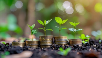 Growth of Investment with Coins and Green Plants in Natural Setting