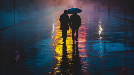 Vibrant urban street fashion  young adults in cinematic style amidst neon city lights