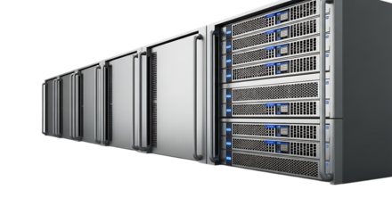 Server rack with multiple storage drives and cooling vents, isolated on white or transparent background. PNG