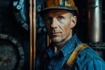 Obraz premium Adult man wearing a hard hat in industrial setting