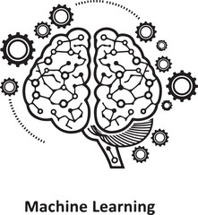Machine learning conceptual illustration of human brain connected to gears representing artificial intelligence