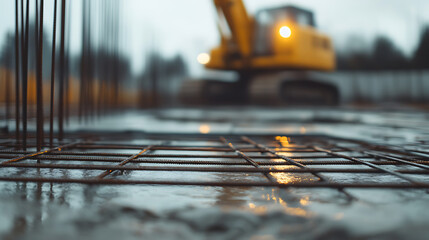 Construction site scene with steel rebar grid in the foreground, excavator in the background, and reflections on the wet ground, showcasing progress and hard work in construction.