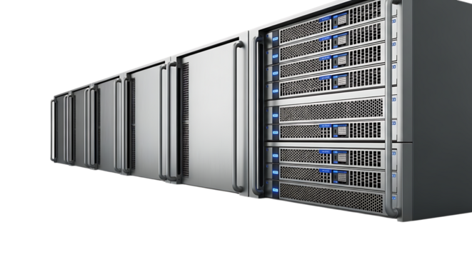 Server rack with multiple storage drives and cooling vents, isolated on white or transparent background. PNG