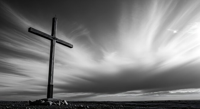 Cross with Dramatic Sky, Landscape, and Faith.