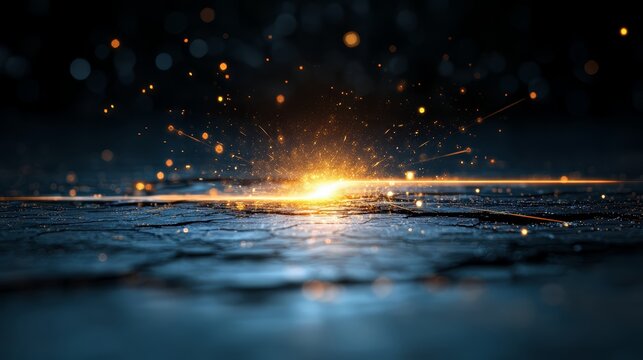 Dark blue background with a bright orange spot in the middle. The orange spot is surrounded by a lot of sparks, giving the impression of a fire. Scene is intense and dramatic