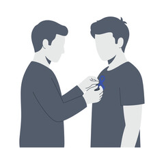 Fototapeta premium Showing Support by Pinning a Blue Ribbon Awareness Symbol on a Person's Chest