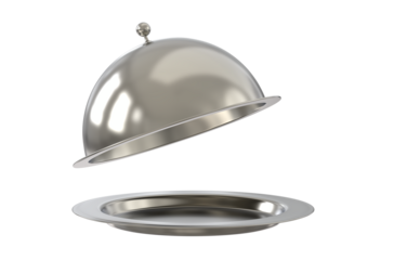 Silver opened cloche or  Silver tray with open cloche. Empty restaurant cloche with open lid. Png transparency