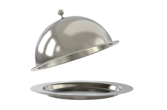 Silver opened cloche or  Silver tray with open cloche. Empty restaurant cloche with open lid. Png transparency - Powered by Adobe