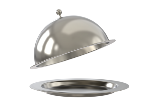 Silver opened cloche or  Silver tray with open cloche. Empty restaurant cloche with open lid. Png transparency