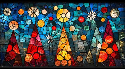 Christmas tree and stars on stained glass windows