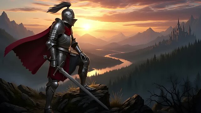 Epic fantasy scene of a solitary knight in full armor overlooking a majestic valley and distant castle at sunrise