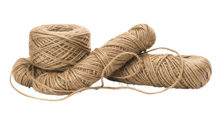 Natural brown jute twine spools isolated on white background, perfect for crafts and DIY projects