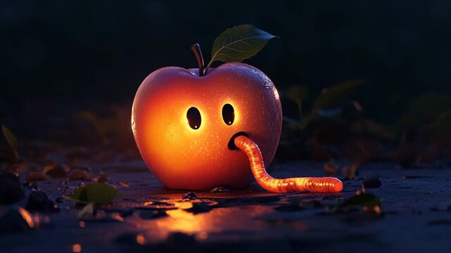 Glowing apple with worm in dark forest setting
