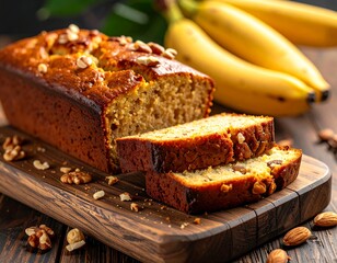 Delicious, freshly baked loaf of bread with sliced pieces and walnuts