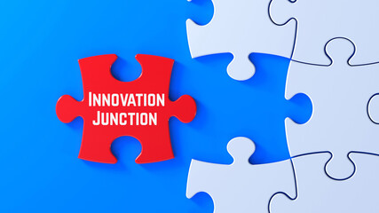 Fototapeta premium Innovation Junction.Red Puzzle Piece Representing Business Alignment, Leadership and Innovation Synergy.