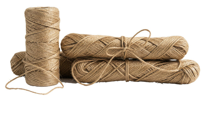 Natural brown twine string rolls made of jute fiber isolated on white background, perfect for crafting and packaging