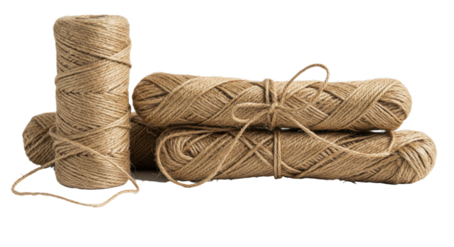 Natural brown twine string rolls made of jute fiber isolated on white background, perfect for crafting and packaging