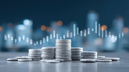 Stacked Coins Representing Financial Growth with Stock Market Graph Overlay in a Modern Business Environment
