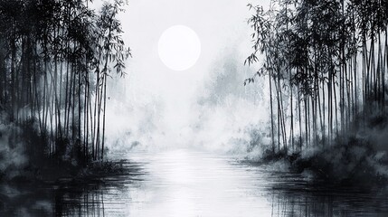 The serene night view of bamboo forest under the moonlight