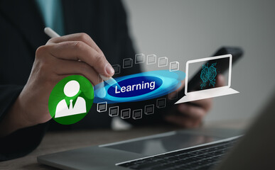 Educator using stylus to interact with digital learning interface showing AI and data, symbolizing online education, innovation training, e-learning development, and smart technology knowledge.