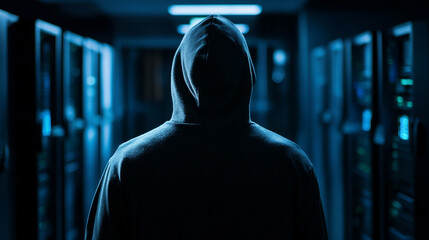 Hyperrealistic depiction of a dark, empty environment with a hacker accessing a virtual system, highlighting cybersecurity, digital intrusion, and futuristic technology concepts.
