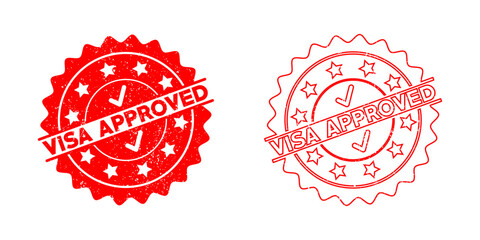 Two stamp side-by-side red rubber stamps depicting VISA APPROVED. The one on the left is a solid, distressed seal, while the one on the right is a thin, outlined version.