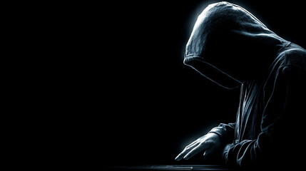 Fototapeta premium Hyperrealistic depiction of a dark, empty environment with a hacker accessing a virtual system, highlighting cybersecurity, digital intrusion, and futuristic technology concepts. 