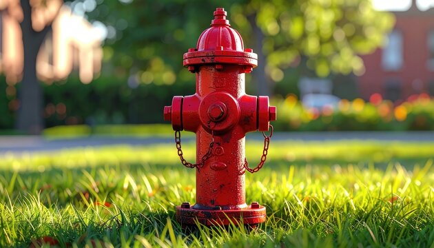 A vibrant red fire hydrant stands tall in lush green grass during a sunny day with a shallow depth of field creating a soft bokeh background of trees and buildings