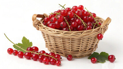 Red Currant in wicker basket and some cranberry on white Background