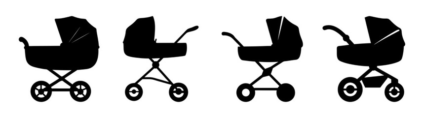 Four diverse black baby stroller silhouettes displaying different designs and styles for infant transportation