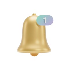 Obraz premium Minimalist 3D illustration of a golden notification bell with a single alert badge. Perfect for app icons, UI design, web notifications, or digital interface concepts