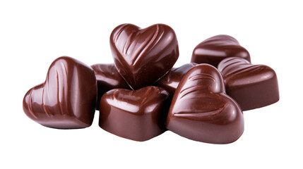 Heart-shaped dark chocolate candies arranged in a delightful pile, showcasing rich textures and glossy surfaces, perfect for romantic occasions and sweet indulgence
