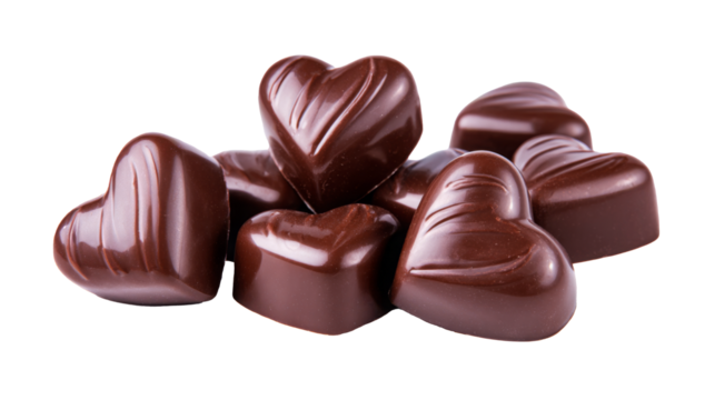 Heart-shaped dark chocolate candies arranged in a delightful pile, showcasing rich textures and glossy surfaces, perfect for romantic occasions and sweet indulgence