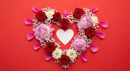 Vibrant heart of roses, peonies, and baby's breath adorned with delicate petals