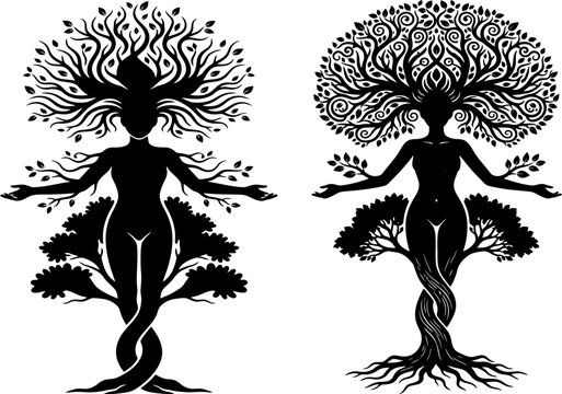 Two silhouetted tree women figures embracing nature s growth and life force