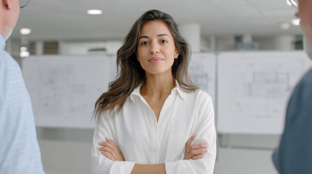 Confident young woman in white shirt with arms crossed engaging in discussion with colleagues in modern office space featuring architectural plans in background